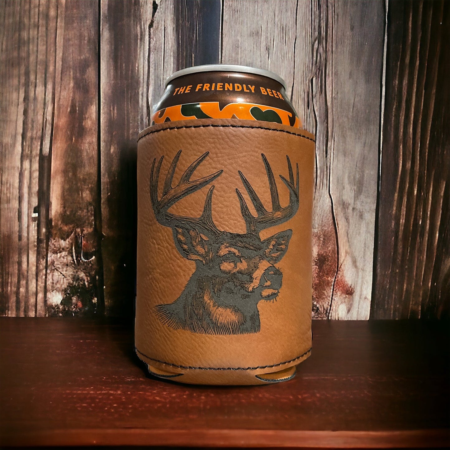 12 Point Buck, Leather Style Can Coozie - Northern Tines USA