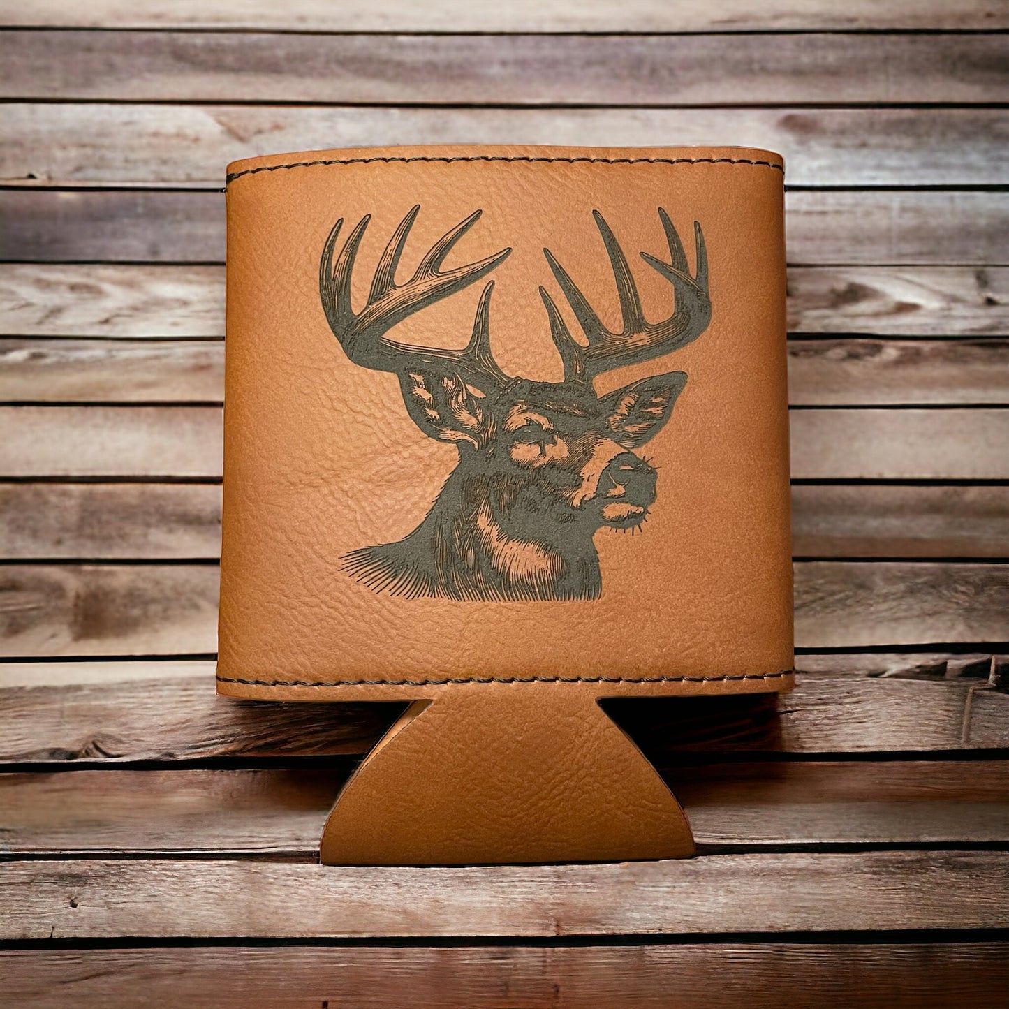 12 Point Buck, Leather Style Can Coozie - Northern Tines USA