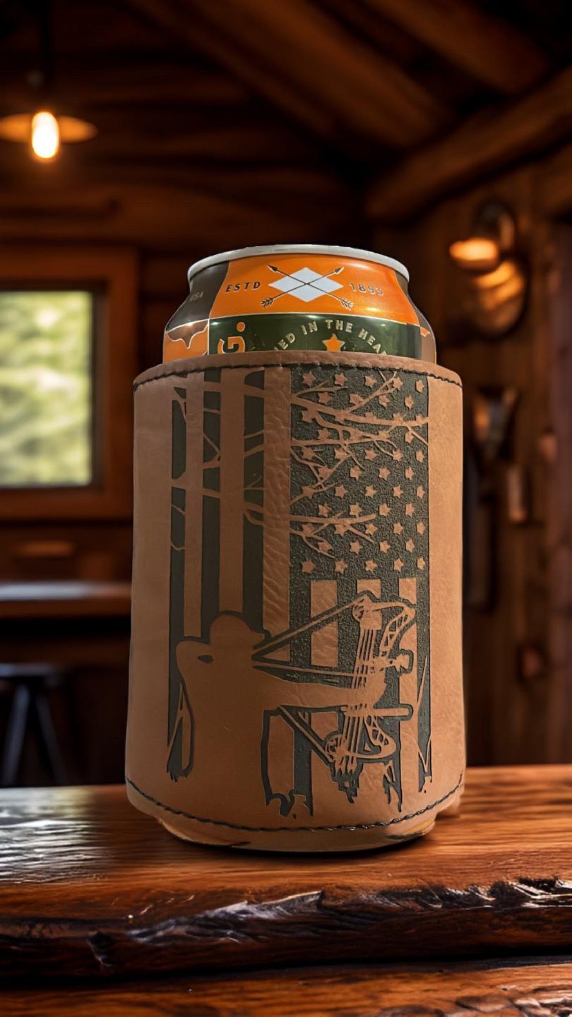 American Bowhunter Leather Style Can Coozie - Northern Tines USA