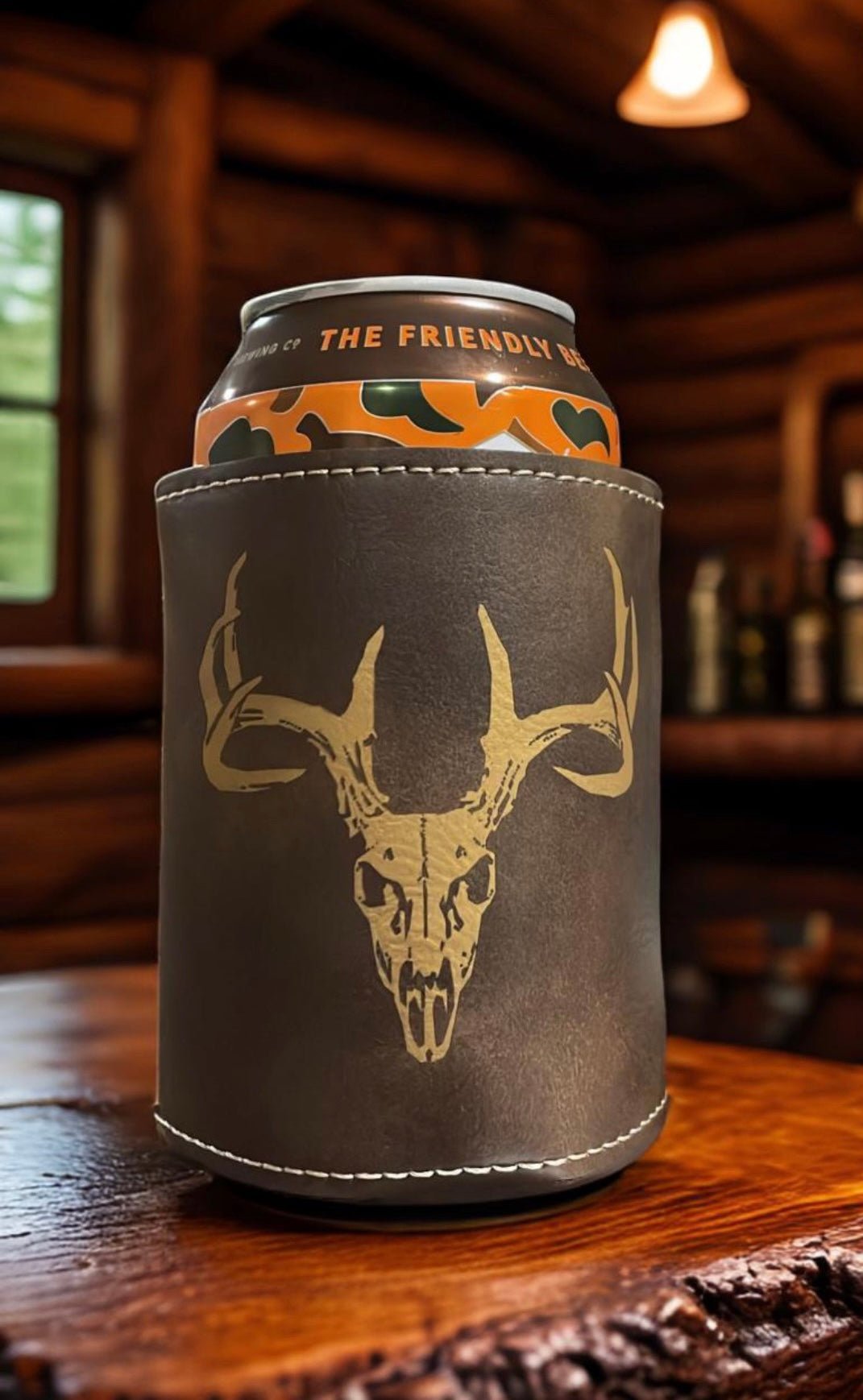 Buck Skull, Leather Style Can Coozie - Northern Tines USA
