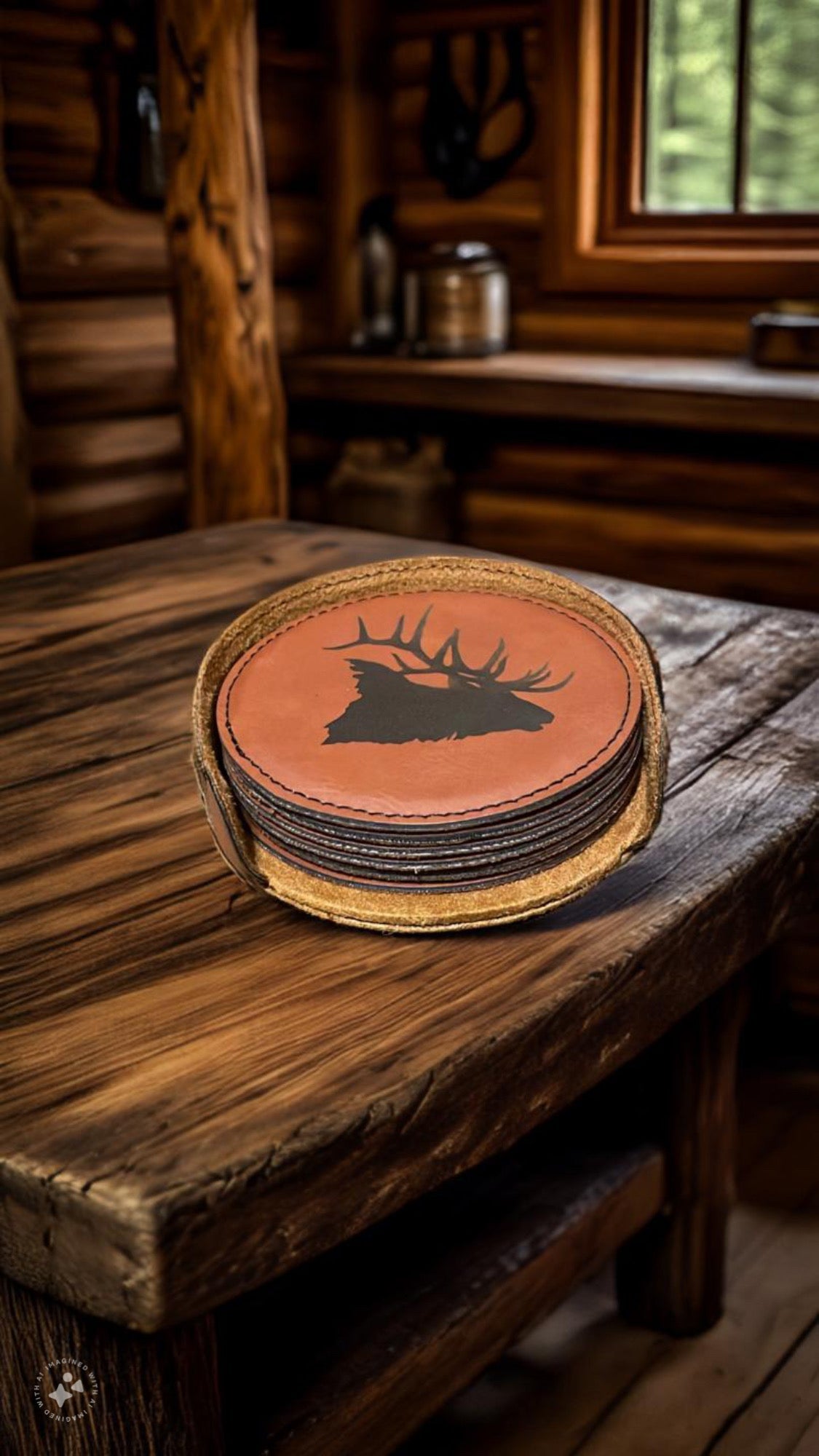 Bugling Bull Elk, Leather Style Coasters - Northern Tines USA