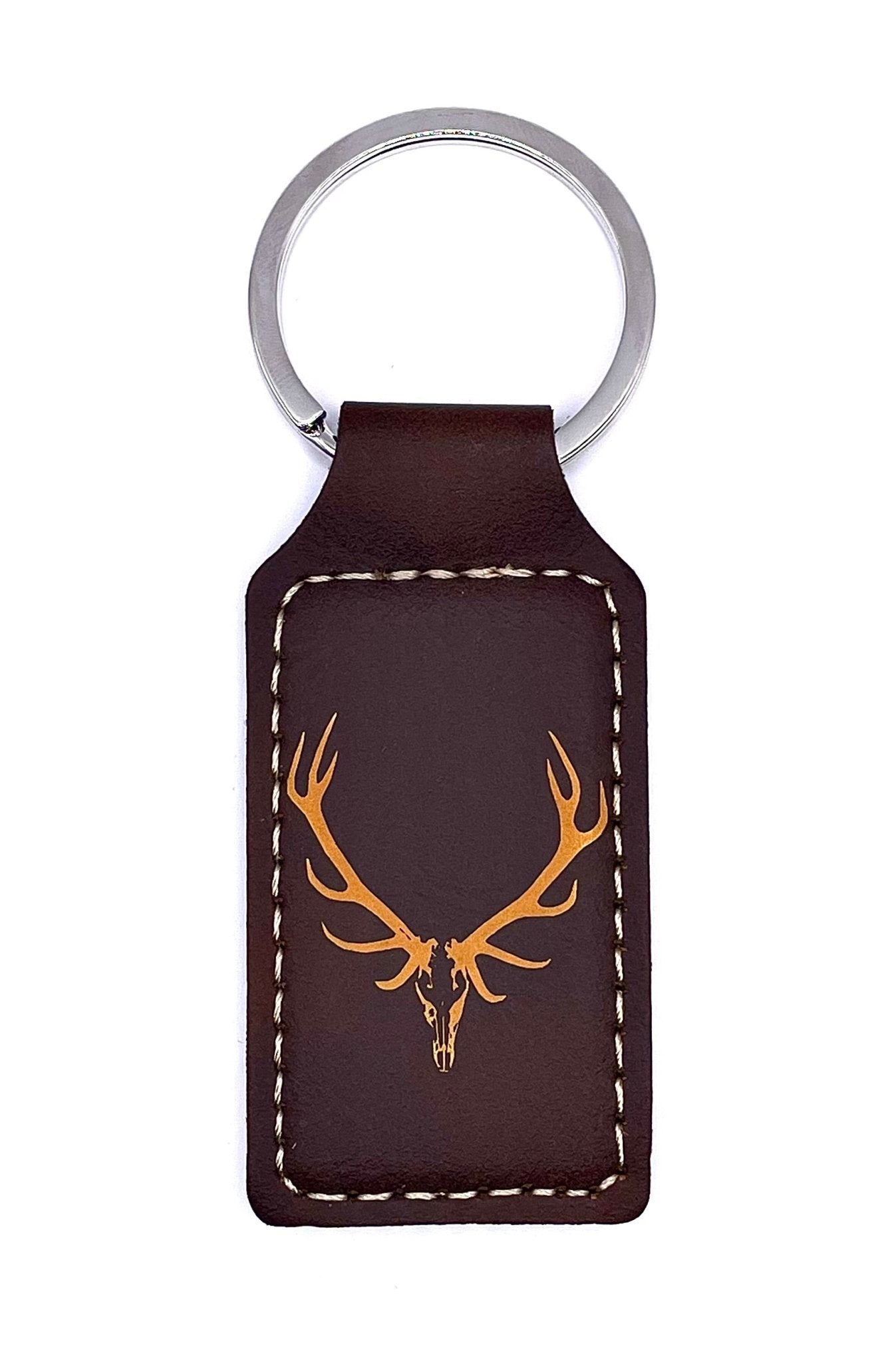 Bull Elk Skull, Leather Style Engraved Keyring - Northern Tines USA
