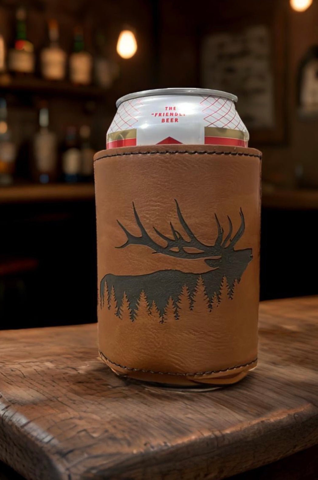 Elk Pines, Leather Style Can Coozie - Northern Tines USA