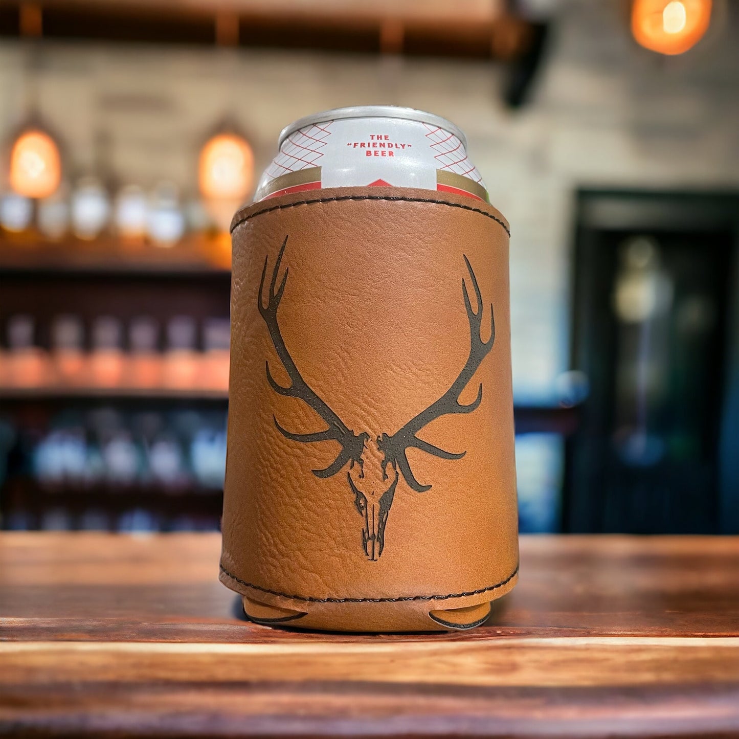 Elk Skull, Leather Style Can Coozie - Northern Tines USA