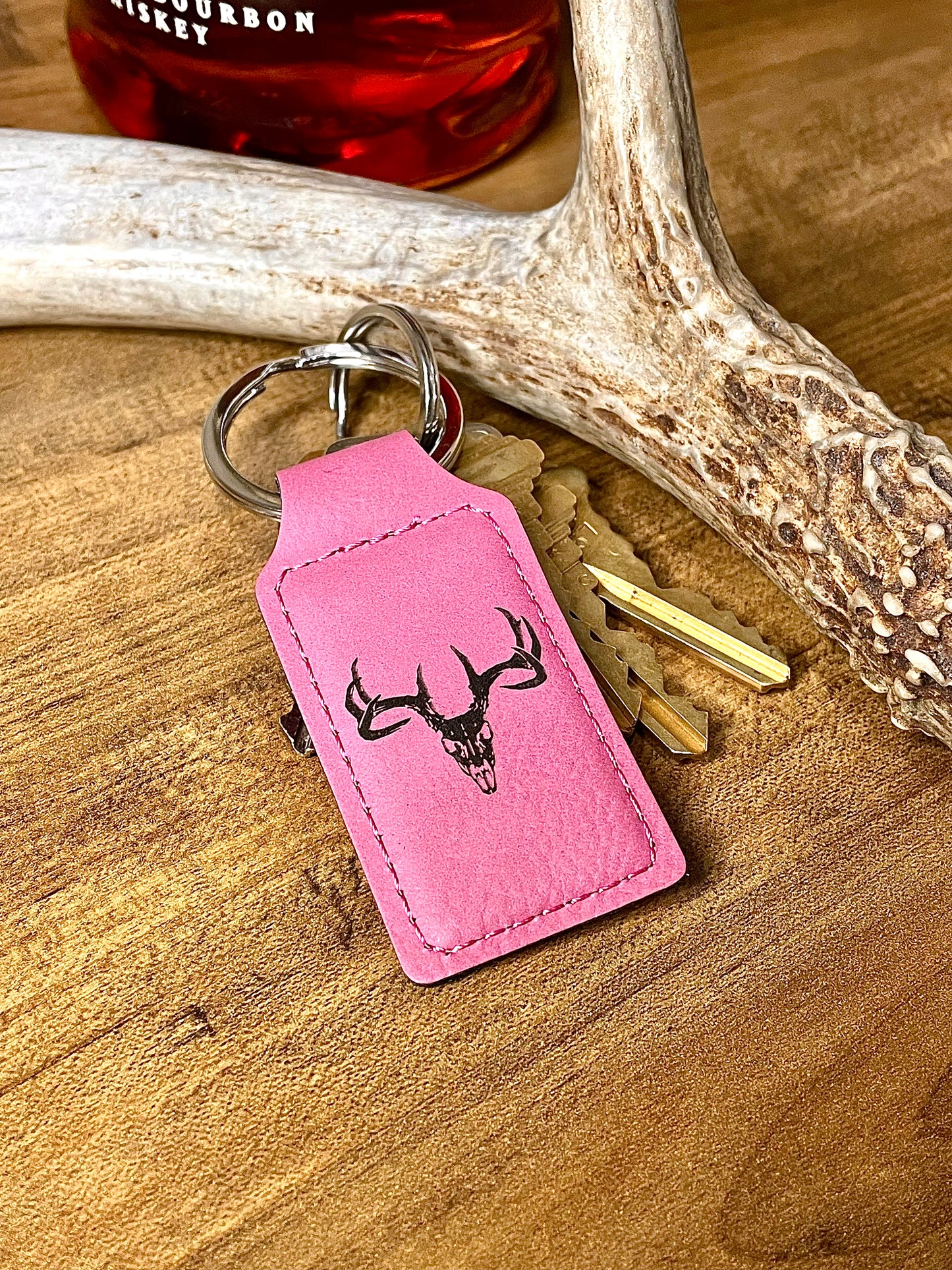 Buck Skull, Leather Style Engraved Keyring