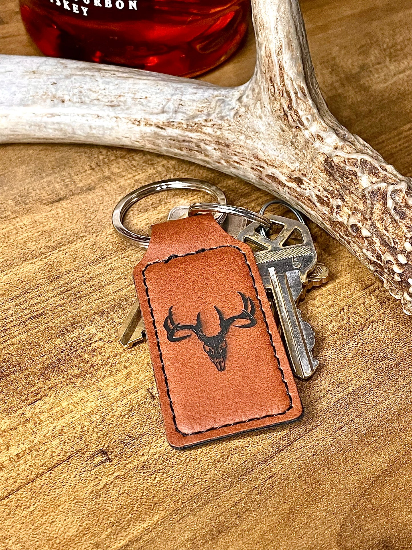Buck Skull, Leather Style Engraved Keyring