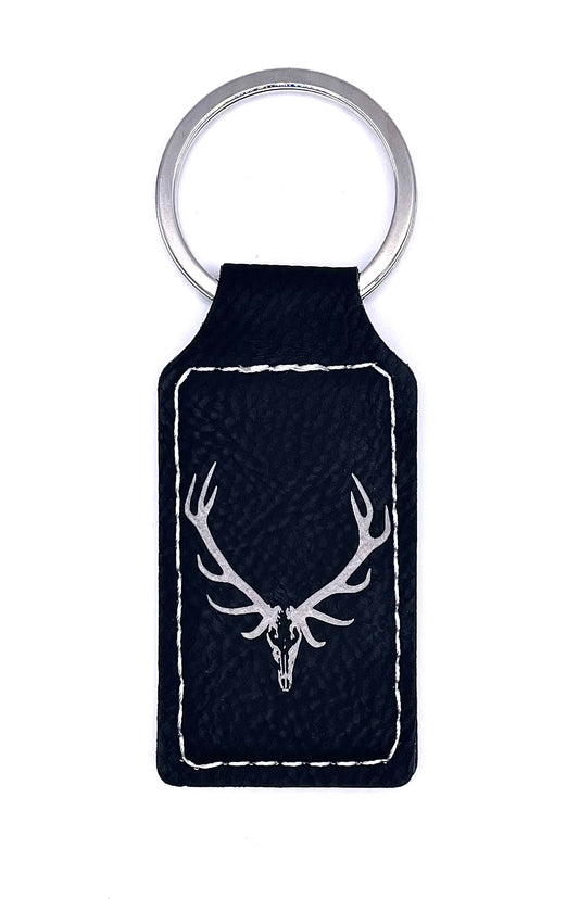 Bull Elk Skull, Leather Style Engraved Keyring