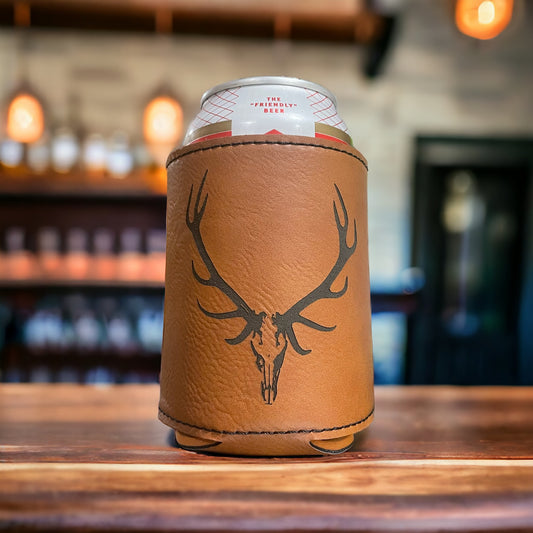 Elk Skull, Leather Style Can Coozie