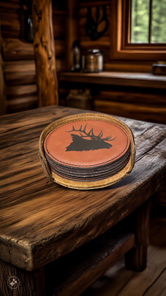Bugling Bull Elk, Leather Style Coasters